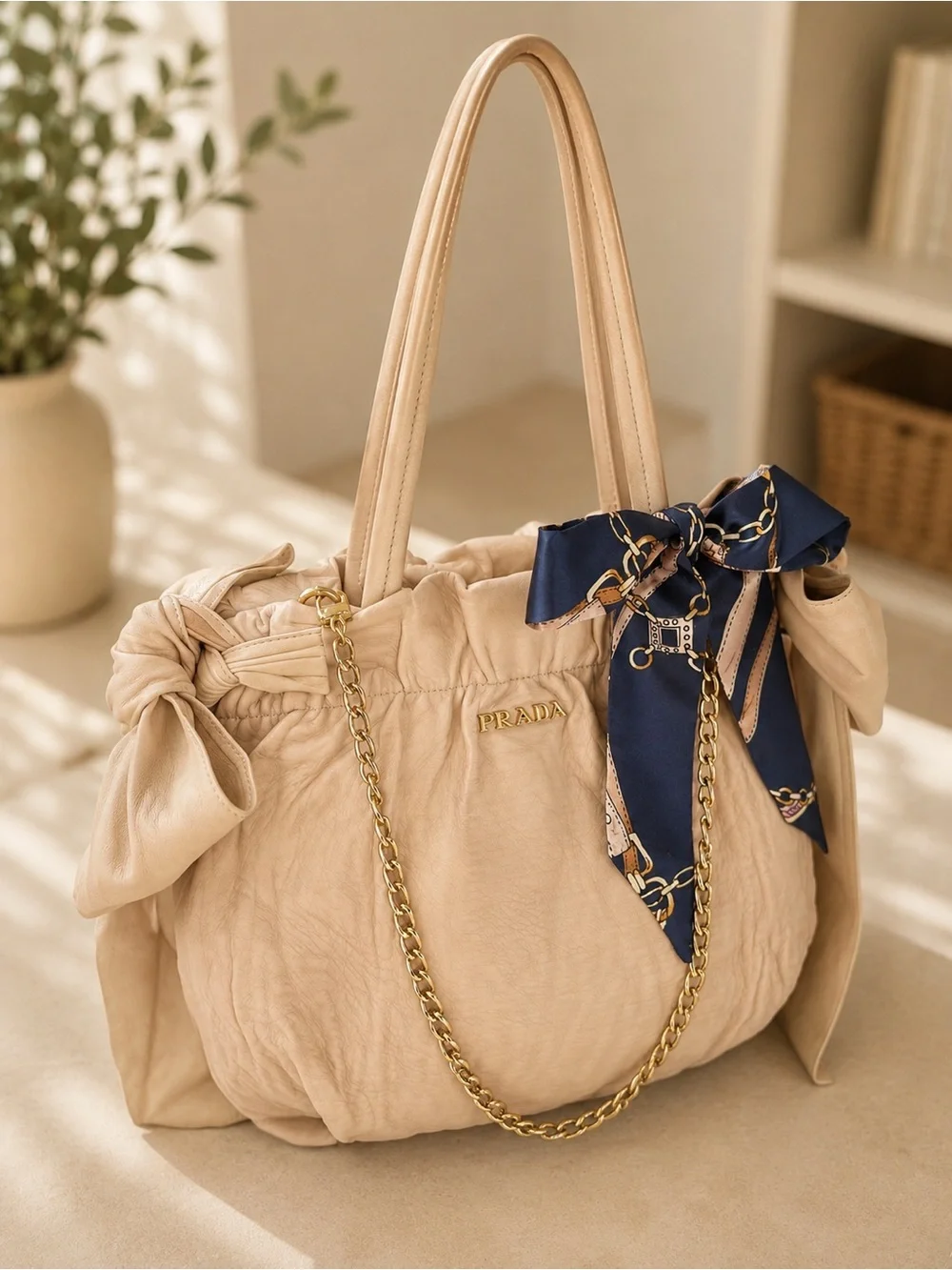 Prada Fiocco Bow Tote Cipria Nappa Leather Rare Archive Bag + Chain - Picture 1 of 16